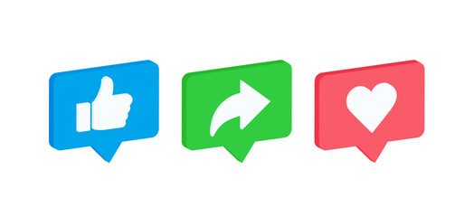 Poster - Social media icon set thumbs, share and love, 3d vector illustration