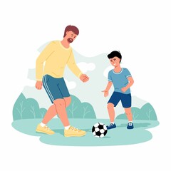 Smiling happy father and son having fun together playing football with soccer ball. Happy fatherhood and childhood concept. Vector trendy illustration