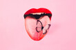 A mouth wearing red lipstick with tongue sticking out and a butterfly on the tongue. Pastel pink background. Surreal concept for spring advertisement or banner or card. Provocative artistic design.
