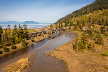 Aerial View Of Chuckanut Drive And The Blanchard Bridge In The Skagit Valley. Chuckanut Drive Is Washington State's Original Scenic Byway And Was Completed In 1896 And Follows Samish Bay To Bellingham