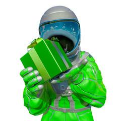 astronaut got a christmas gift for you on white background