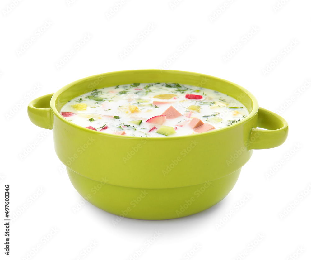 Cooking pot with tasty okroshka on white background