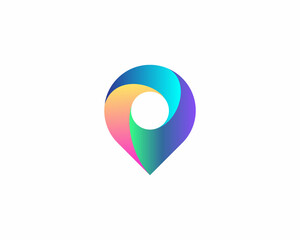 Poster - Abstract bright gradient pin logo design. Universal 3d destination, gps, navigation vector sign symbol logotype in white background.