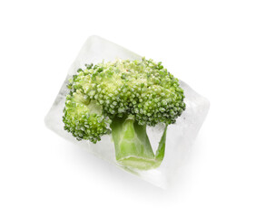 Wall Mural - Fresh broccoli frozen in ice on white background