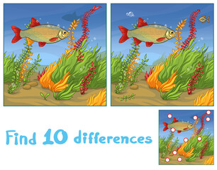 Colorful fish underwater. Find 10 differences. Educational game for children. Cartoon vector illustration.