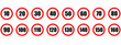 Speed limit icon. Set of red road signs of 10-160 kmh.  Circle standard road sign number kmh. eps 10