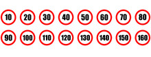 Speed Limit Icon. Set Of Red Road Signs Of 10-160 Kmh.  Circle Standard Road Sign Number Kmh. Eps 10
