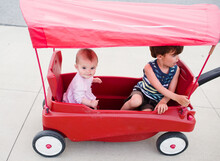 Siblings Being Pulled In A Wagon