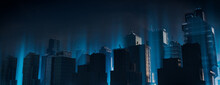 Corporate City Skyline Background. Futuristic Superstructures Illuminated With Blue Light.