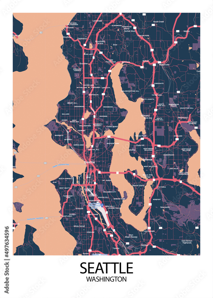 Poster Seattle - Washington map. Road map. Illustration of Seattle - Washington streets ...