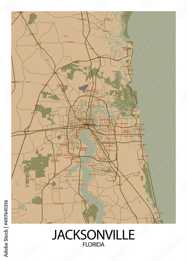 Poster Jacksonville - Florida map. Road map. Illustration of Jacksonville - Florida streets ...