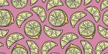 Lemon Summer Fruit Juice Wallpaper Design. Yellow And Pink Seamless Pattern With Slice Of Lemon