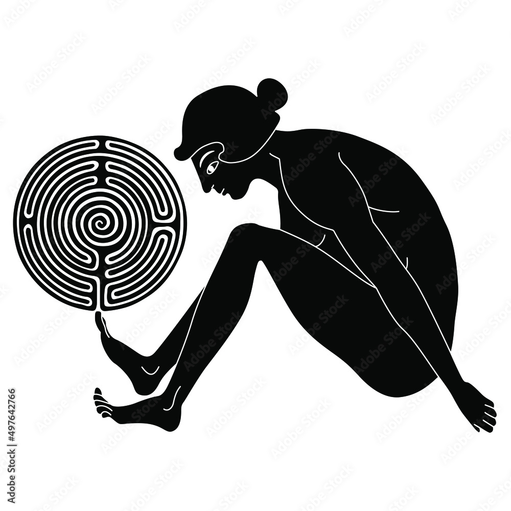 Naked ancient Greek woman holding round spiral maze or labyrinth symbol on her toe. Ariadne