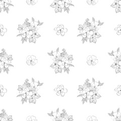 Wall Mural - Line art flowers seamless pattern. Composition of botanical elements for fabric, wallpapper and surface design.