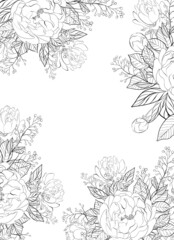 Wall Mural - Floral frame. Greeting card design. Composition from botanical elements. Flowers and leaves in line art style.