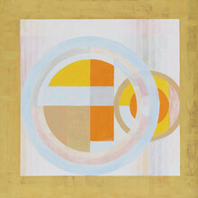 An Abstract Painting With Rings And  Gold Paint Border.