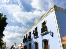 Facade Of Blue Traditional Building In Santiago, Mexico