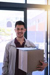 Poster - My delivery rounds are always done on time. Portrait of a courier making a delivery.