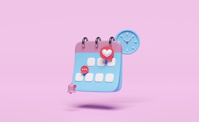 3d calendar with clock, chat bubbles icons, marked date, notification bell  isolated on pink background. schedule appointment concept, 3d render illustration