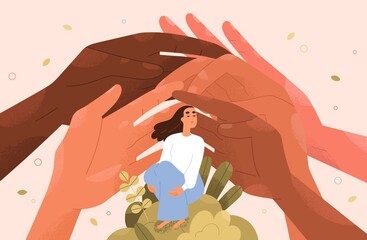 Psychology support for person concept. Hands helping, caring about womans mental health. Social aid, assistance, solidarity from charitable community, supportive society. Flat vector illustration