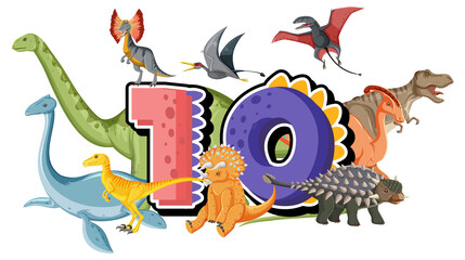 Poster - Ten dinosaurs with number ten cartoon