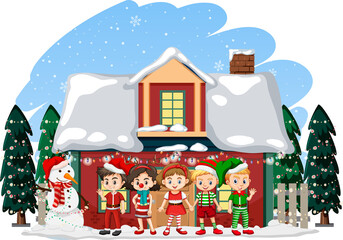 Canvas Print - Christmas theme with children standing in front of a house