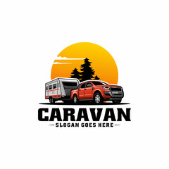 Poster - truck with caravan trailer logo vector