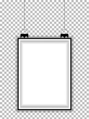 Poster - Realistic vertical hanging picture frame isolated on transperant background. Blank hanging frame template. Empty hanging photo frame mockup.