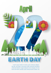 Fototapete - White city and publics park with the name of event, example texts on the date and decoration plants and white background. Earth day poster campaign in paper cut and vector design.