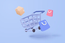 3D Shopping Cart With Price Tags For Online Shopping And Digital Marketing Ideas. Basket And Promotional Labels On Purple Background Shopping Bag Buy Sell Discount 3d Vector Icon Illustration
