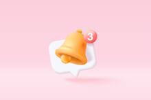 3D Minimal Notification Bell Icon With Color Objects Floating Around On Pastel Background. New Alert Concept For Social Media Element. 3d Bell Alarm Vector Render Isolated On Pastel Background