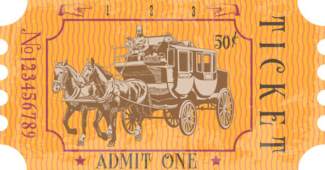 Sticker - vector image of a stagecoach ticket in vintage style with the image of an old horse drawn omnibus	