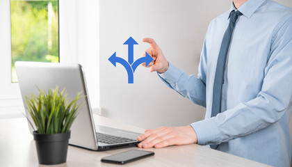 Businessman in a suit holds a sign showing three directions. in doubt, having to choose between three different choices indicated by arrows pointing in opposite direction concept. three ways to choose
