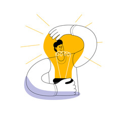 A joyful person embraces a glowing light bulb. The concept of vector illustration on the topic of new ideas. Vector illustration for a mobile application.