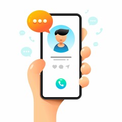 Wall Mural - Smartphone mockup in human hand. Calling to contact. Vector colorful social media illustration. Instagram, Whatsapp, Skype