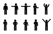 stickman set, hand gestures and poses, stick figure human silhouette, vector icon man, base people collection