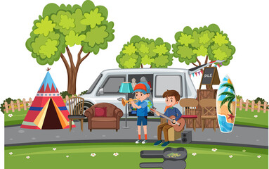 Wall Mural - Boys playing music at yard sale