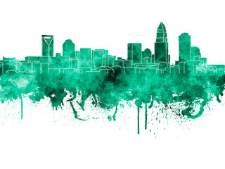 Charlotte skyline in green watercolor on white background