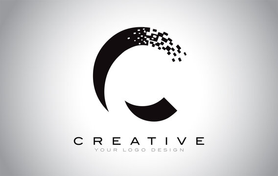 C Initial Letter Logo Design with Digital Pixels in Black and White Colors.