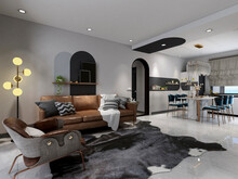 3D Rendering, Spacious Living Room Design Of Modern Residence, With Sofa, Tea Table, Decorative Painting, Etc