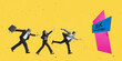 Contemporary art collage. People running to the lecture about sex education isolated over yellow background