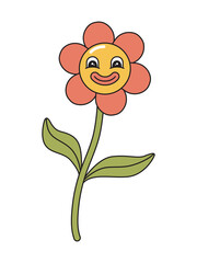 Wall Mural - Cartoon vector flower character with face expression. Retro face with smile. Vintage sticker. Colorful funny emoji in groovy style