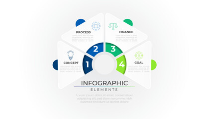 Minimal hexagon idea infographic elements plan concept design vector with icons. Business four option network project template for presentation and report.