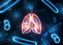 Futuristic Lungs Infection, Tuberculosis Concept With Glowing Low Polygonal Lungs And Bacteria 