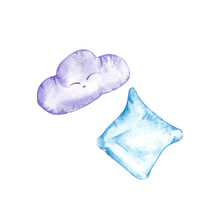Watercolor Accessories For Children. Drawing Of Soft Pillows In Blue And Purple Colors. Children's Decor. Suitable For Wallpaper, Background, Shop, Greeting Card Design, Greeting Cards And More