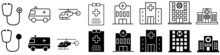 Clinic Icon Vector Set. Hospital Illustration Sign. Help Symbol. Infirmary Logo. Ambulance Mark.