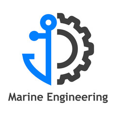 Sticker - Logotipo con texto Marine Engineering con silueta de ancla de barco con rueda dentada con líneas en color gris y azul