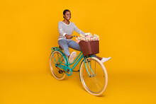 Full Body Profile Side Photo Of Young Excited Lady Have Fun Riding Bicycle Isolated Over Yellow Color Background