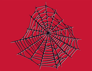 Wall Mural - Spider web isolated on red background. Spooky Halloween cobwebs with red threads. Outline vector illustration