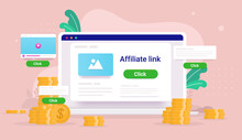 Affiliate Marketing Money - Computer Screen With Affiliate Link And Cash Income. Vector Illustration